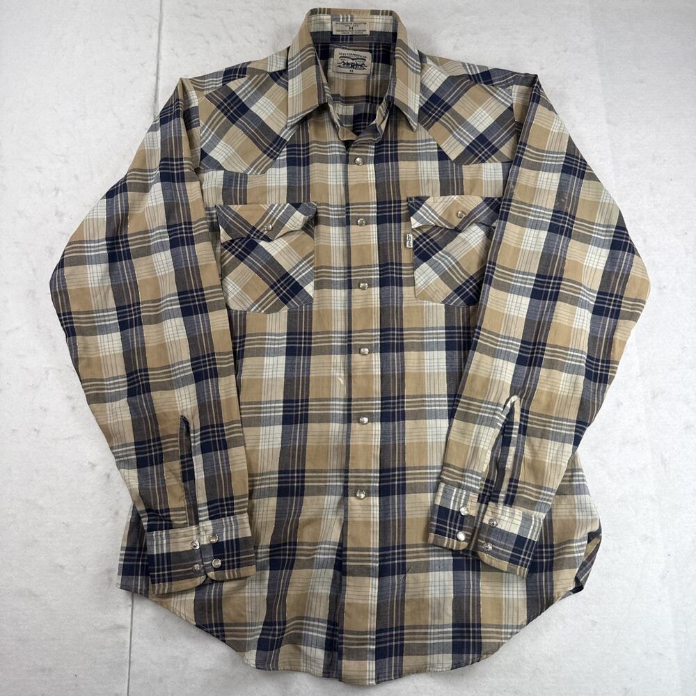 Vtg 80s Levis White Tab Western Pearl Snap Shirt Mens M Plaid Gold Lurex Thread